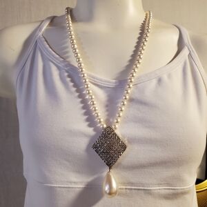 Faux Pearl Necklace & Earring Set | Rhinestone Pendant